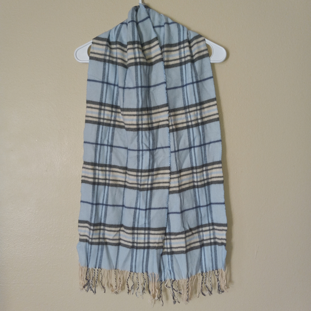Sky-Blue and Black Plaid Scarf with Fringes Women's OS